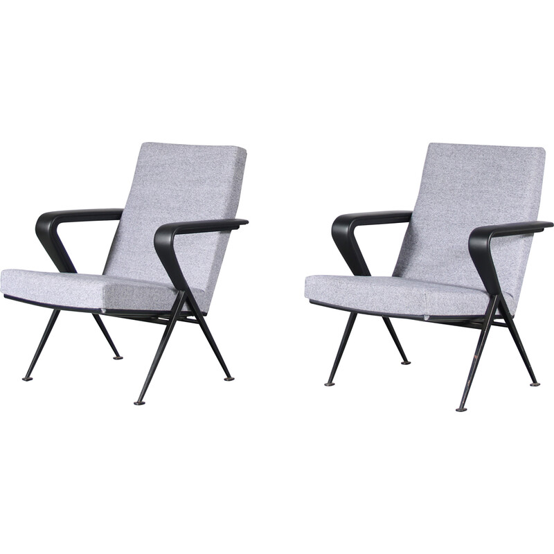 Paar vintage "Repose" lounge stoelen in metaal en grijze stof van Friso Kramer voor Ahrend de Cirkel, Nederland 1960