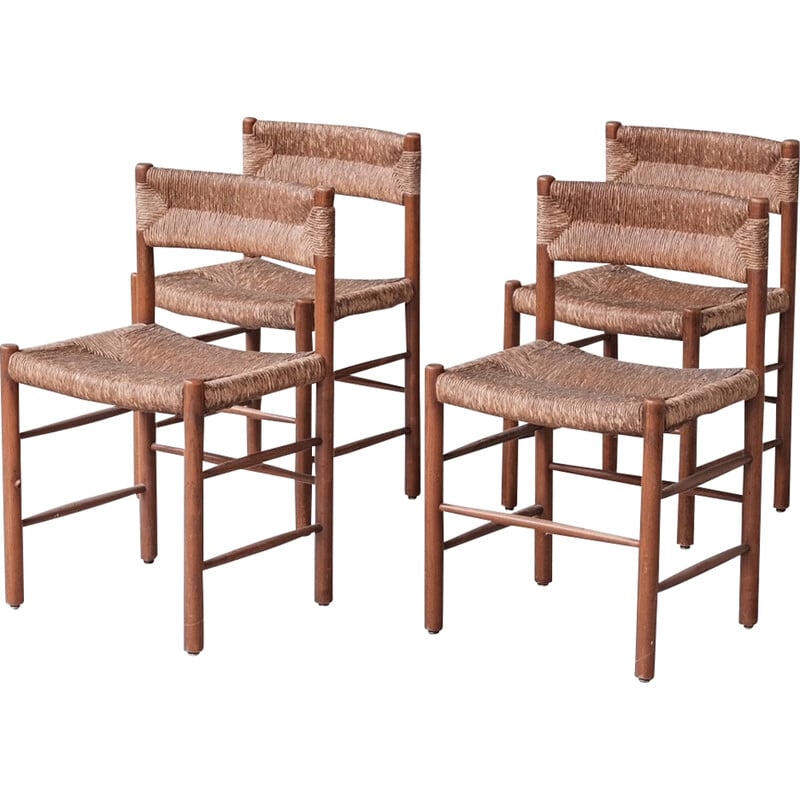 Set of 4 vintage Dordogne chairs in rush and ash by Charlotte Perriand for Robert Sentou, France 1950s