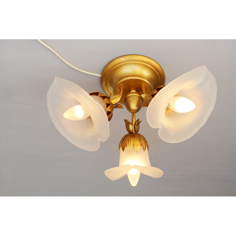 Vintage ceiling lamp in gold sheet metal and glass by Hans Kögl, 1980s