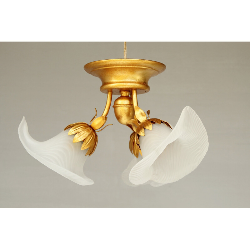 Vintage ceiling lamp in gold sheet metal and glass by Hans Kögl, 1980s