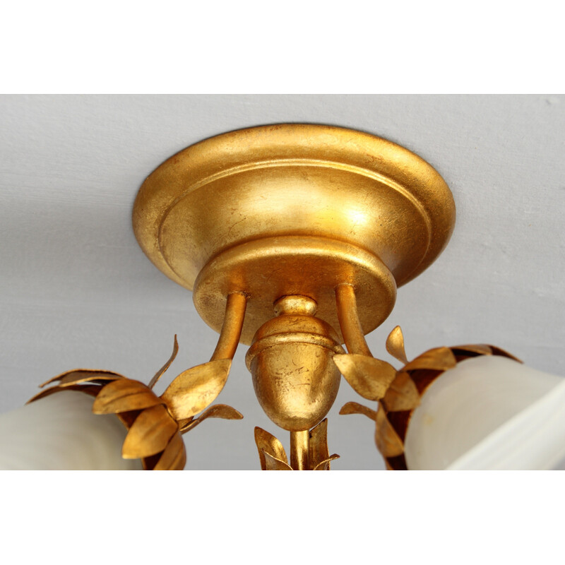 Vintage ceiling lamp in gold sheet metal and glass by Hans Kögl, 1980s