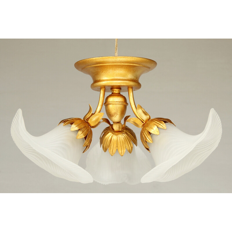 Vintage ceiling lamp in gold sheet metal and glass by Hans Kögl, 1980s