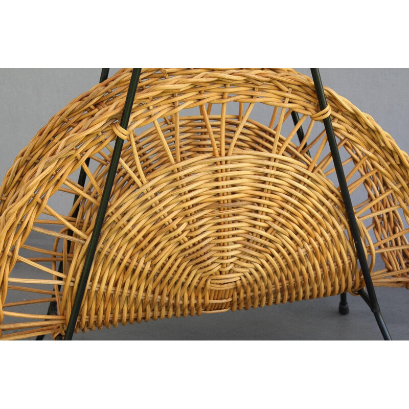 Vintage black lacquered wire and rattan magazine rack, 1960s