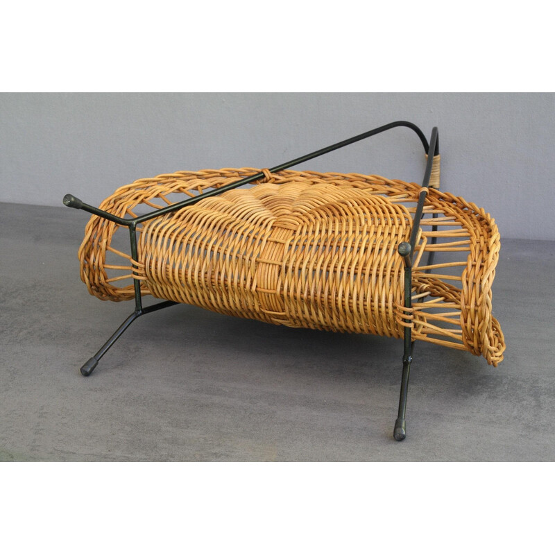 Vintage black lacquered wire and rattan magazine rack, 1960s