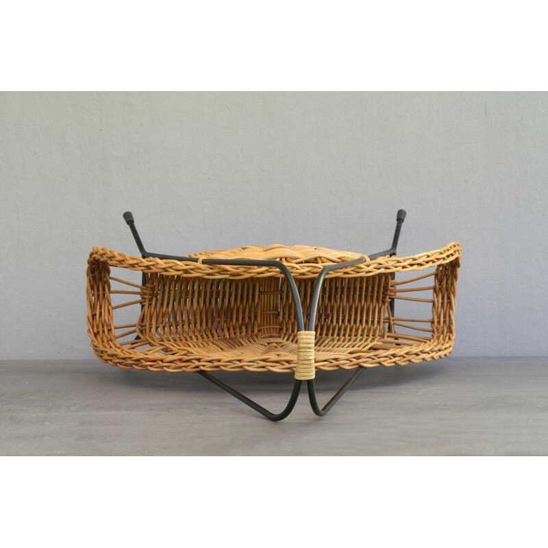 Vintage black lacquered wire and rattan magazine rack, 1960s