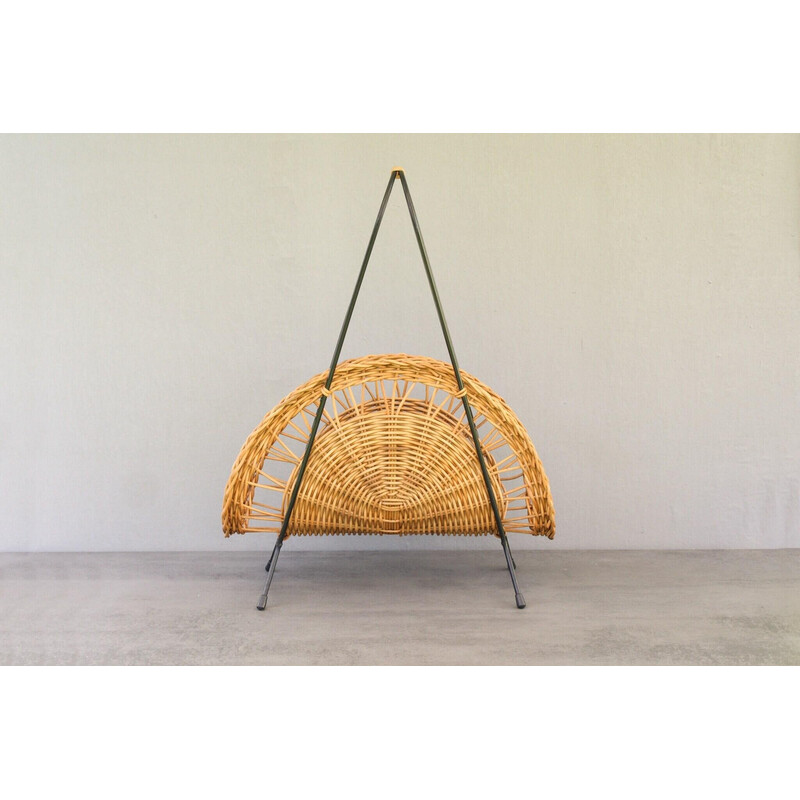 Vintage black lacquered wire and rattan magazine rack, 1960s