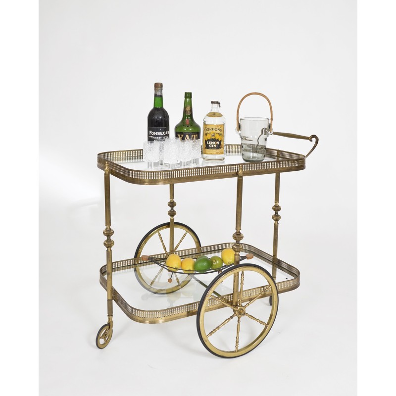 French vintage neoclassical brass bar trolley, 1940s