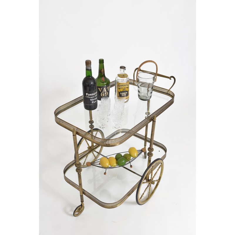 French vintage neoclassical brass bar trolley, 1940s