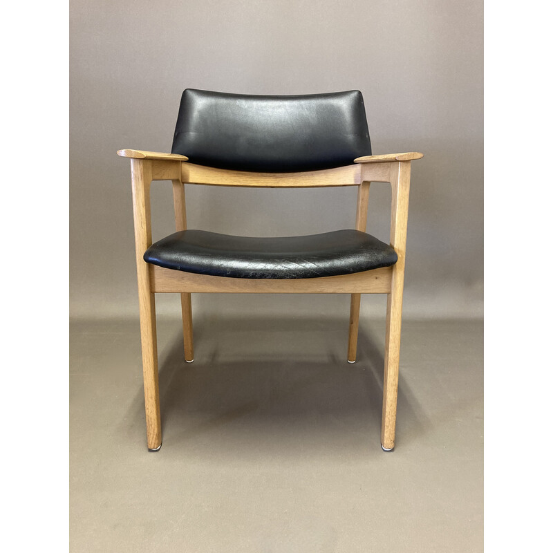 Vintage Scandinavian armchair in solid oak and black leather, 1950s