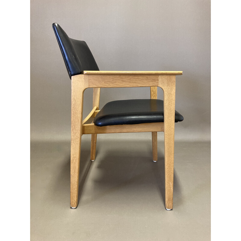 Cadeira de braços escandinava em carvalho maciço e couro preto, 1950