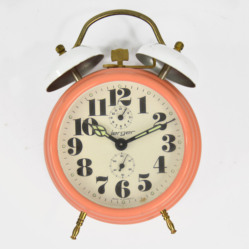 Reloj despertador Jerger vintage de cristal, acero y latón, Alemania años 70