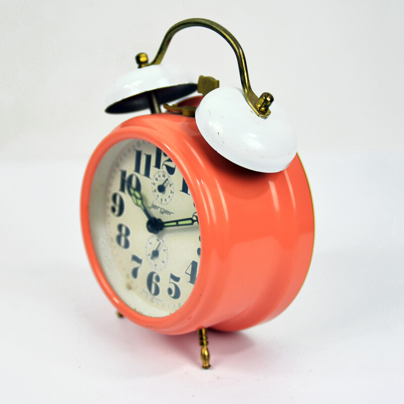 Vintage Jerger alarm clock in glass, steel and brass, Germany 1970s