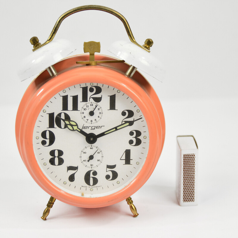 Reloj despertador Jerger vintage de cristal, acero y latón, Alemania años 70
