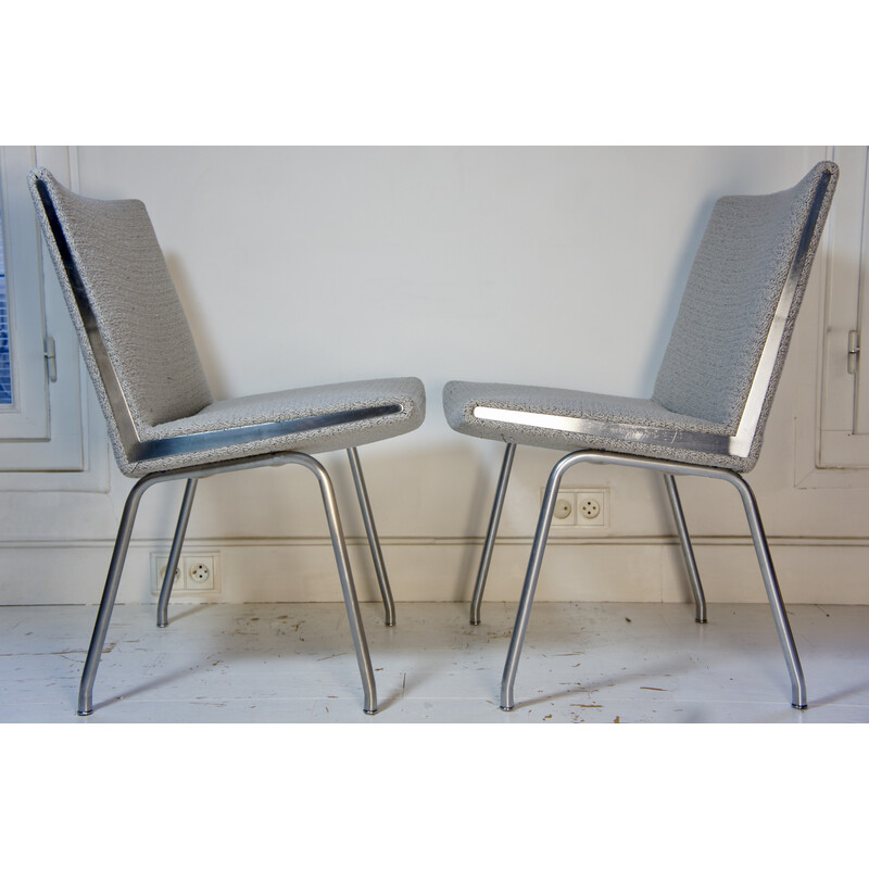 Pair of vintage Ap38 armchairs in steel, chrome and gray terry fabric by Hans J. Wegner for Ap Stolen, 1950s