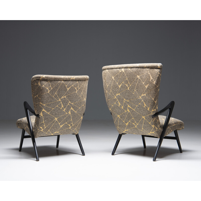 Pair of vintage armchairs in black lacquered wood and spring, Belgium 1950s