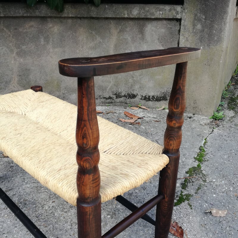 Banc paillé vintage en bois massif