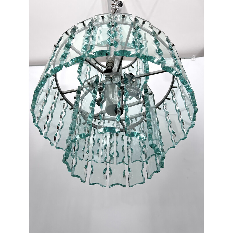 Vintage Italian Fontana Arte glass and brass chandelier for Zero Quattro, 1970s