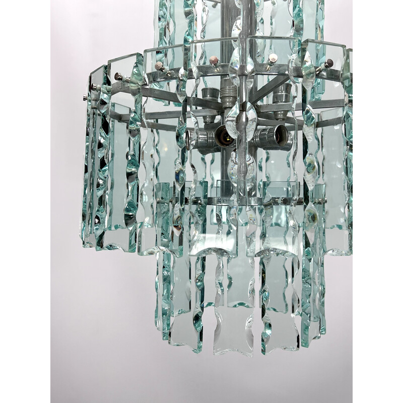 Vintage Italian Fontana Arte glass and brass chandelier for Zero Quattro, 1970s