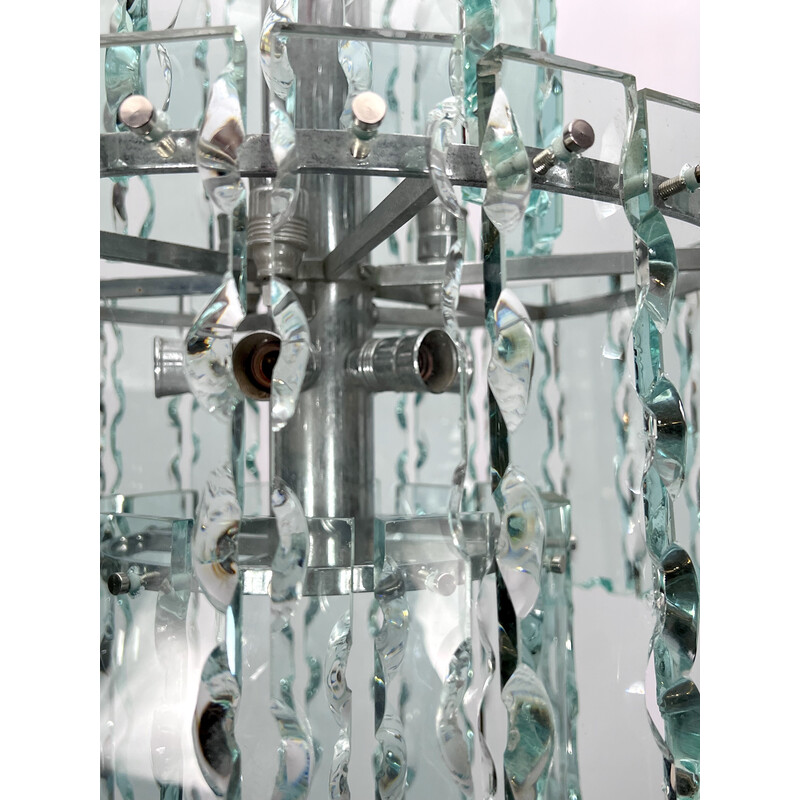 Vintage Italian Fontana Arte glass and brass chandelier for Zero Quattro, 1970s