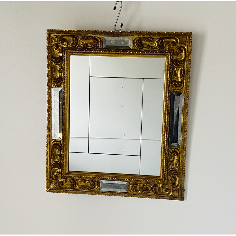 Espelho de parede italiano antigo em folha de ouro e vidro, década de 1950