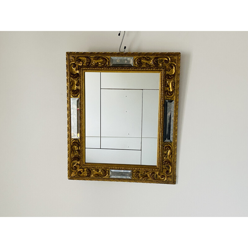 Espelho de parede italiano antigo em folha de ouro e vidro, década de 1950