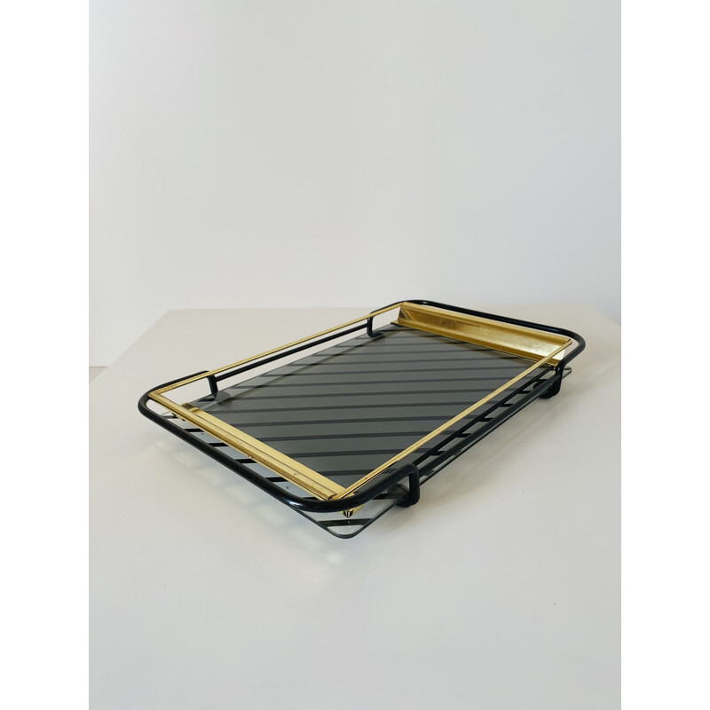 Vintage tray in iron, glass and gold, 1970s