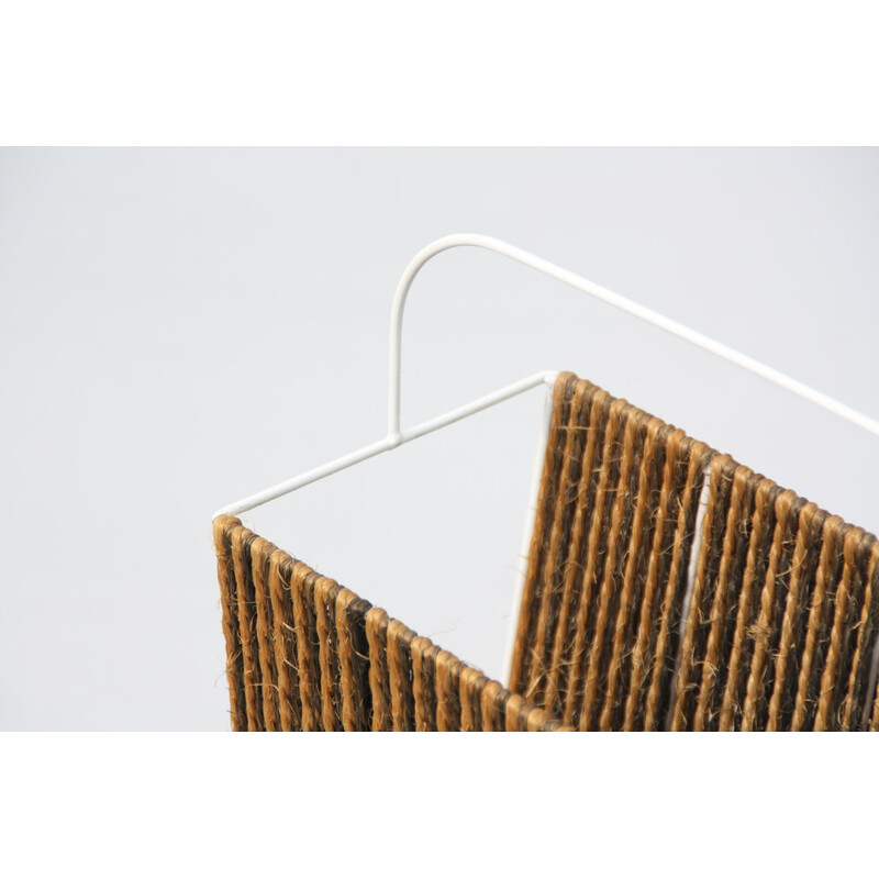 Mid-century magazine rack in metal and coconut natural fiber cord, 1950s