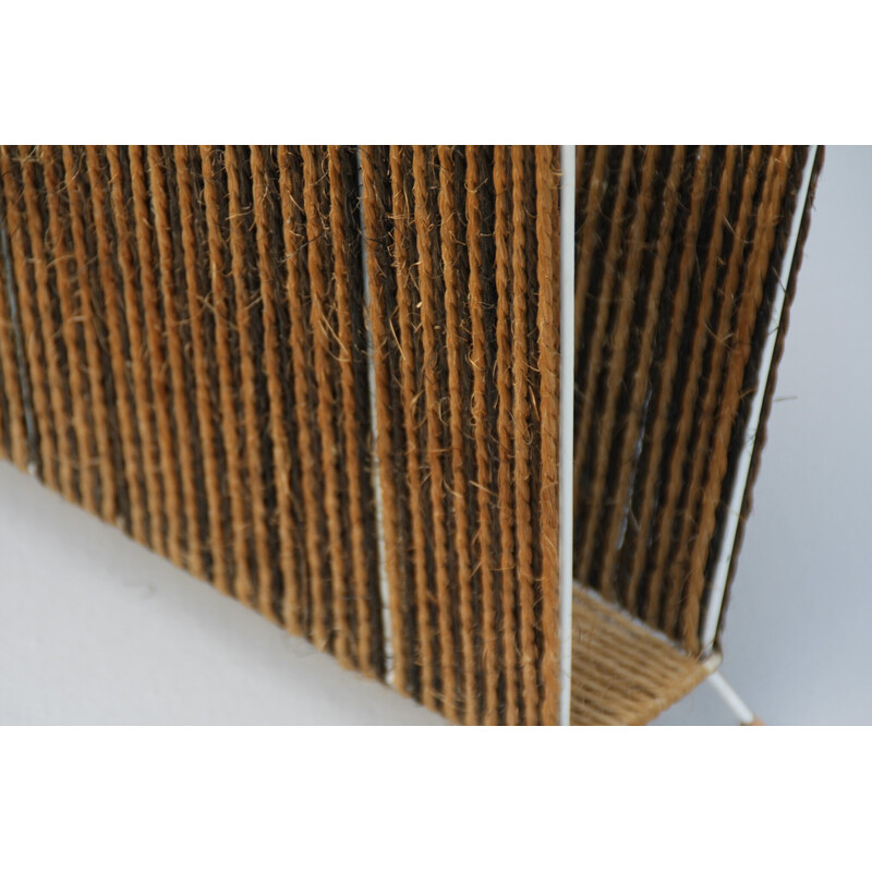 Mid-century magazine rack in metal and coconut natural fiber cord, 1950s