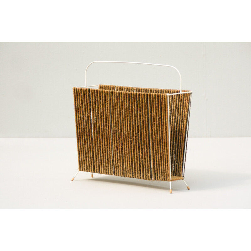 Mid-century magazine rack in metal and coconut natural fiber cord, 1950s