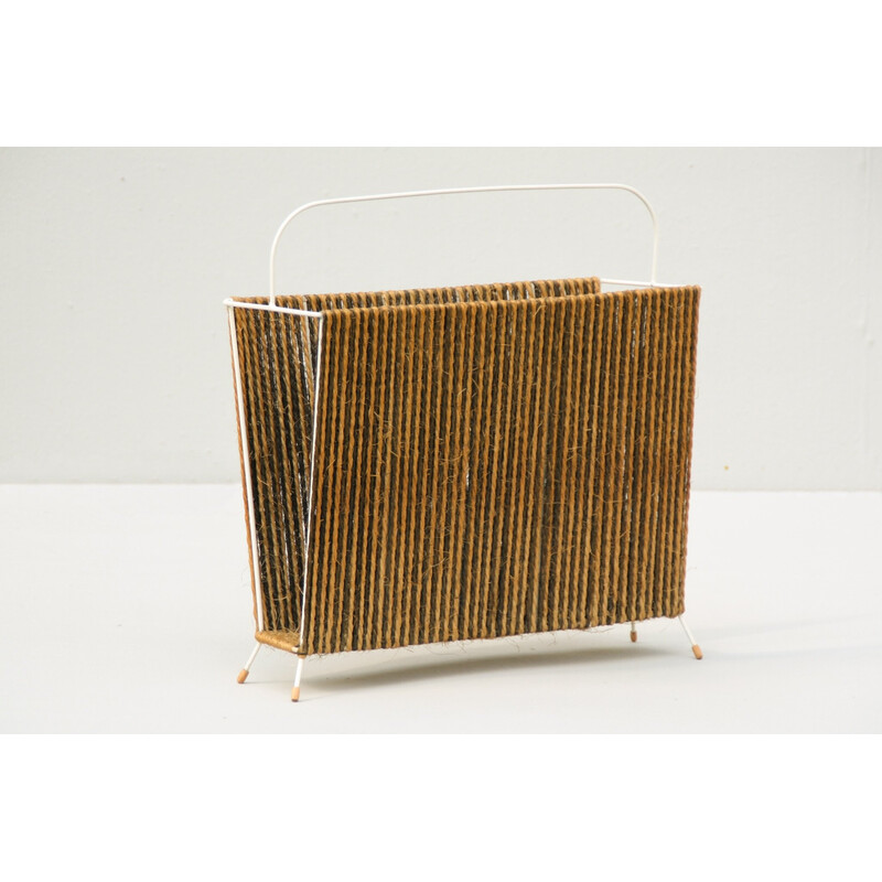 Mid-century magazine rack in metal and coconut natural fiber cord, 1950s