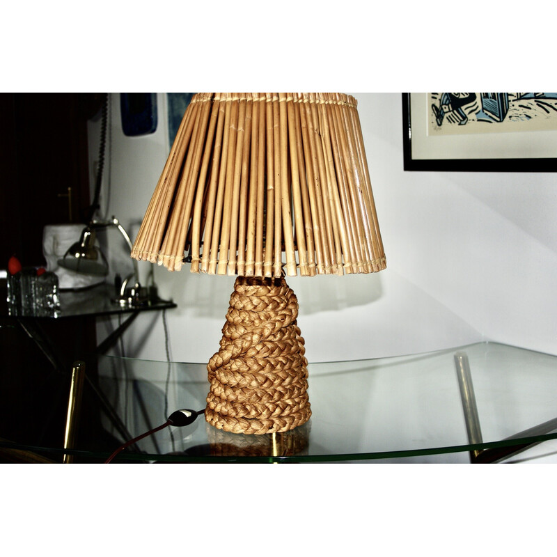 Vintage lamp in stressed rush and bamboo by Audoux Minet, 1950