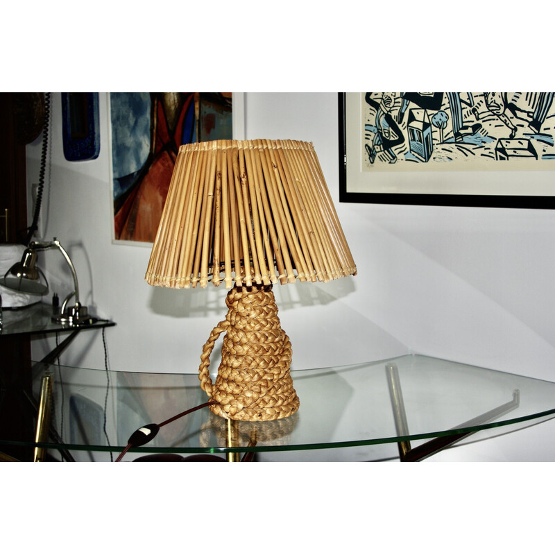 Vintage lamp in stressed rush and bamboo by Audoux Minet, 1950