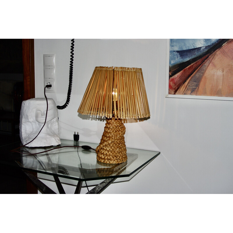 Vintage lamp in stressed rush and bamboo by Audoux Minet, 1950