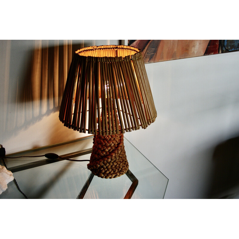 Lampada vintage in giunco e bambù stressato di Audoux Minet, 1950