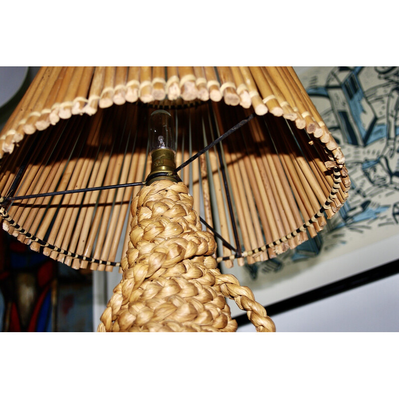 Vintage lamp in stressed rush and bamboo by Audoux Minet, 1950