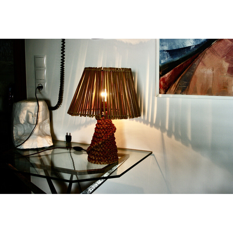 Vintage-Lampe aus gestresstem Binsenholz und Bambus von Audoux Minet, 1950