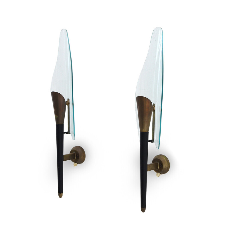 Pair of brass and glass wall lamps by Luigi Mulin, 1950s