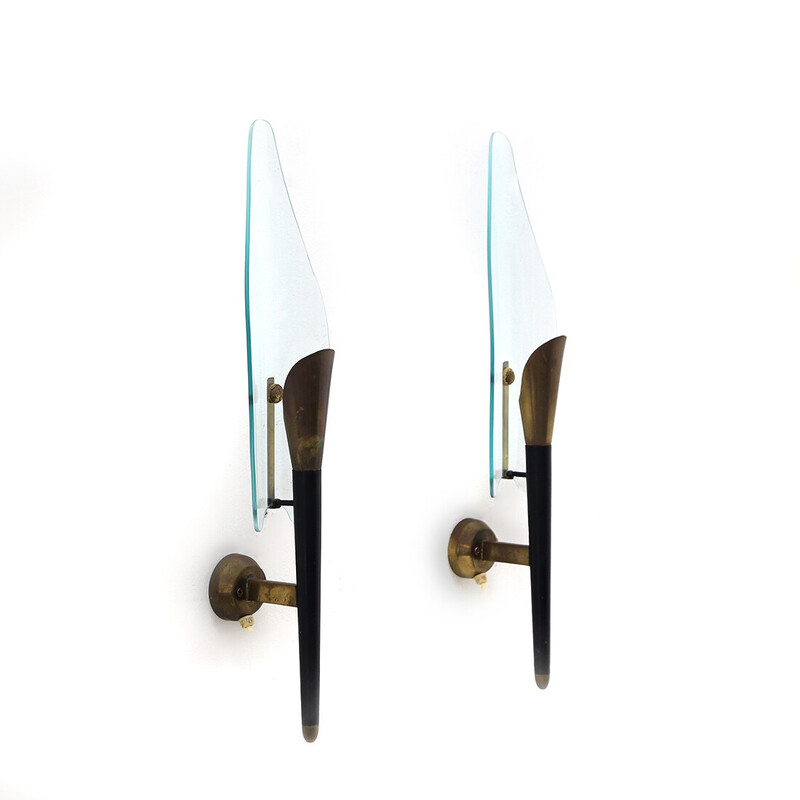 Pair of brass and glass wall lamps by Luigi Mulin, 1950s