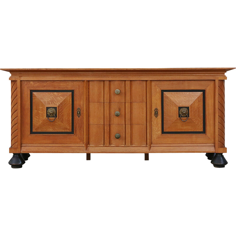 Credenza vintage belga Art Déco in legno massiccio di quercia e dettagli in ottone