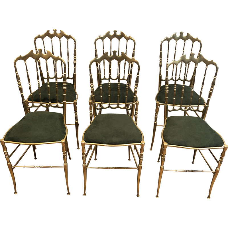 Set van 6 vintage Chiavari stoelen in messing en groen fluweel, Italië 1940