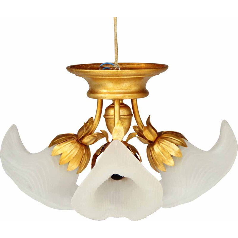 Vintage ceiling lamp in gold sheet metal and glass by Hans Kögl, 1980s