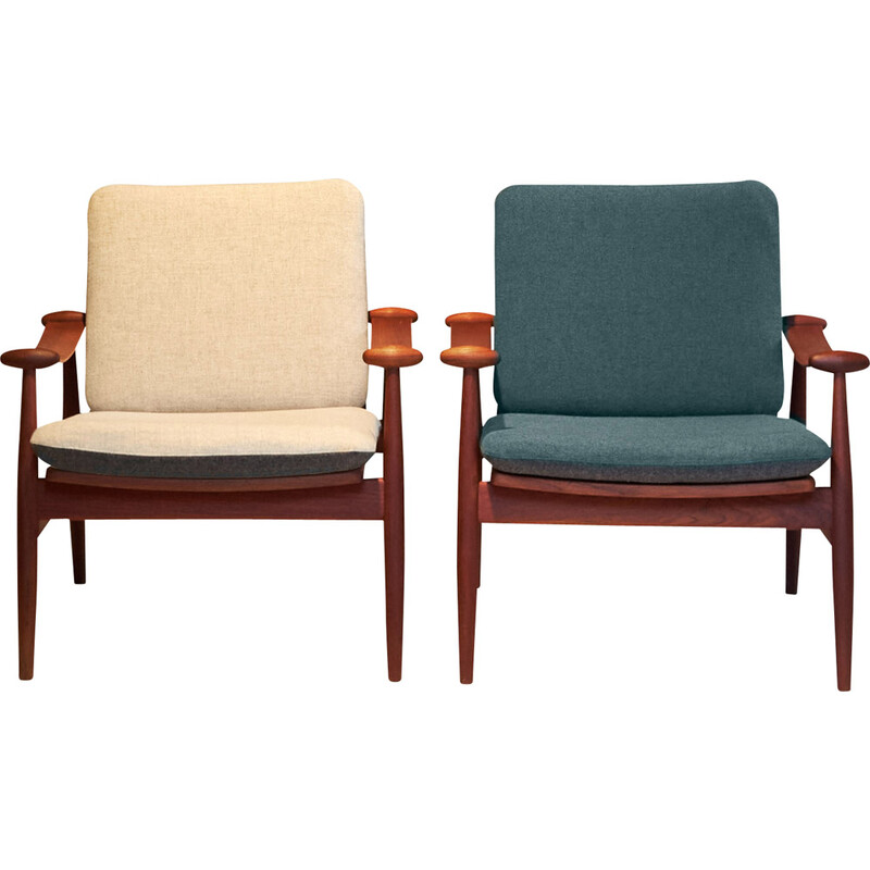 Pair of vintage "Spade Chair" armchairs in webbing and Kradrat fabric by Finn Juhl for France & Son