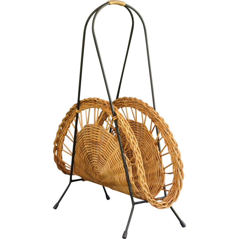 Arame envernizado preto vintage e porta-revistas rattan, década de 1960