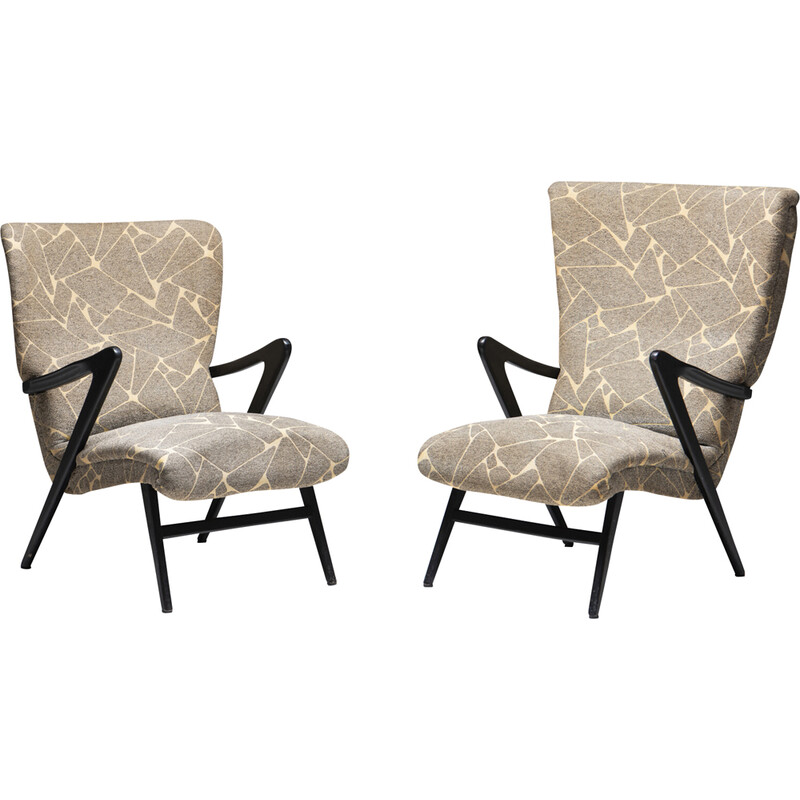 Pair of vintage armchairs in black lacquered wood and spring, Belgium 1950s