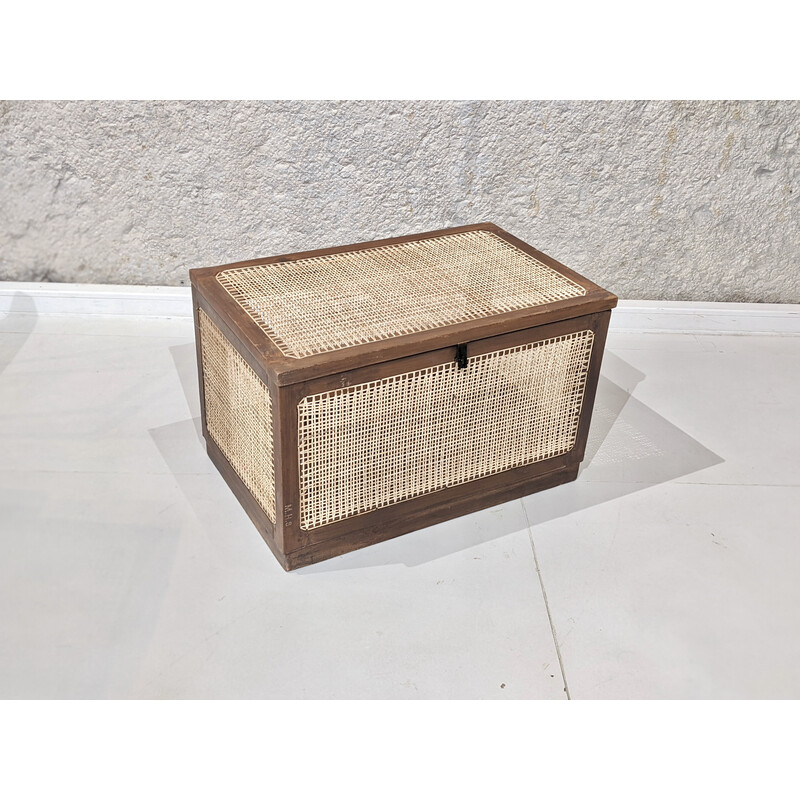 Vintage linen box in teak and caning by Pierre Jeanneret, India 1960s