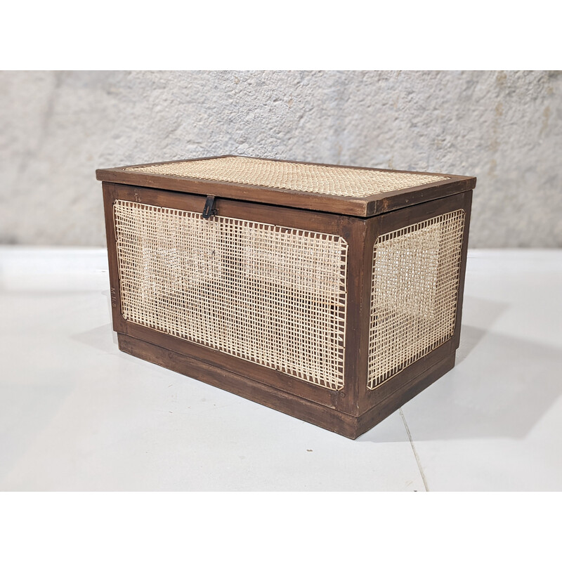 Vintage linen box in teak and caning by Pierre Jeanneret, India 1960s