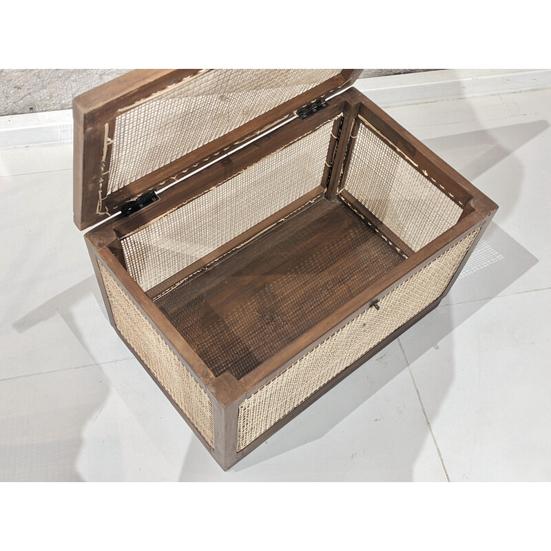 Vintage linen box in teak and caning by Pierre Jeanneret, India 1960s