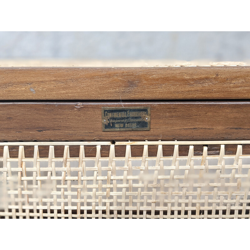 Vintage linen box in teak and caning by Pierre Jeanneret, India 1960s