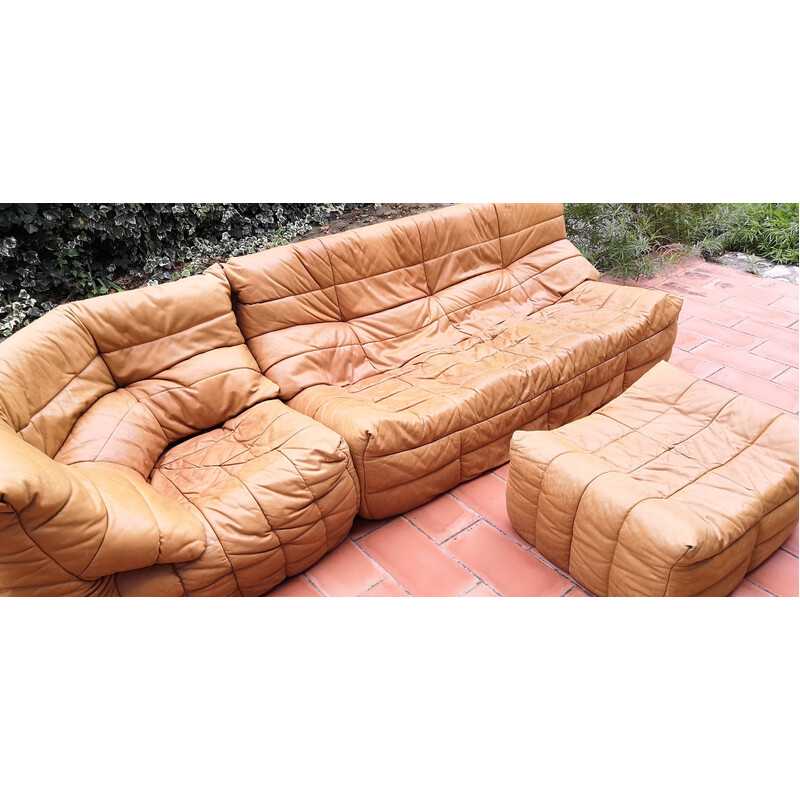 Pair of vintage Panto sofas with ottoman in camel leather by Marc Held for Atelier Dunlopillo, 1970s