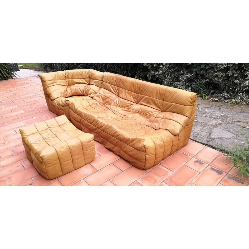 Pair of vintage Panto sofas with ottoman in camel leather by Marc Held for Atelier Dunlopillo, 1970s